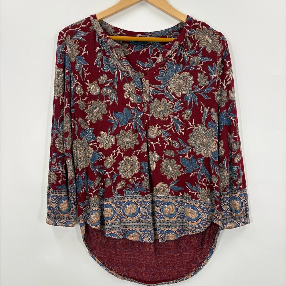 Lucky Brand Burgundy Boho Floral Paisley Peasant Henley Top | Small - Picture 3 of 8
